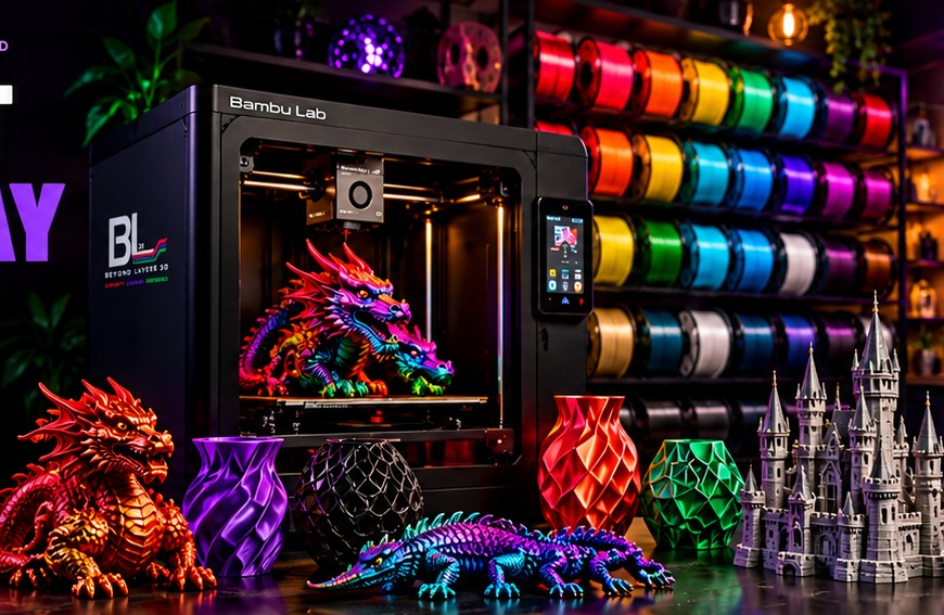 3D printer with original dragon models, colorful filament and creative 3D-printed objects